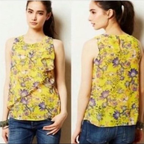 Anthropologie HD In Paris Sun Garden Yellow Floral Blouse Size 4 Bohemian Top - Picture 2 of 7